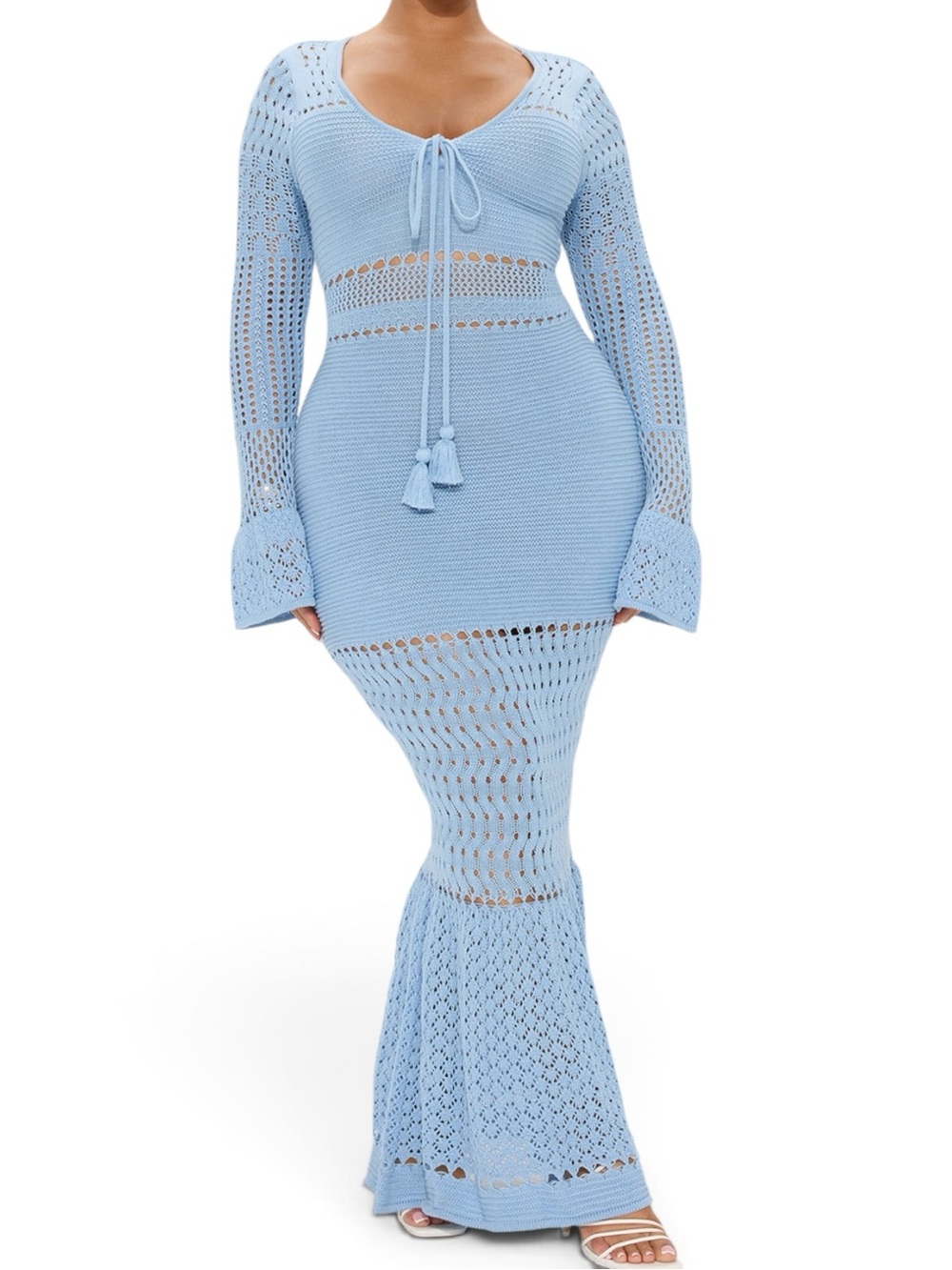 Fashion Nova Powder Blue Crochet Maxi Dress with Tassel Tie
